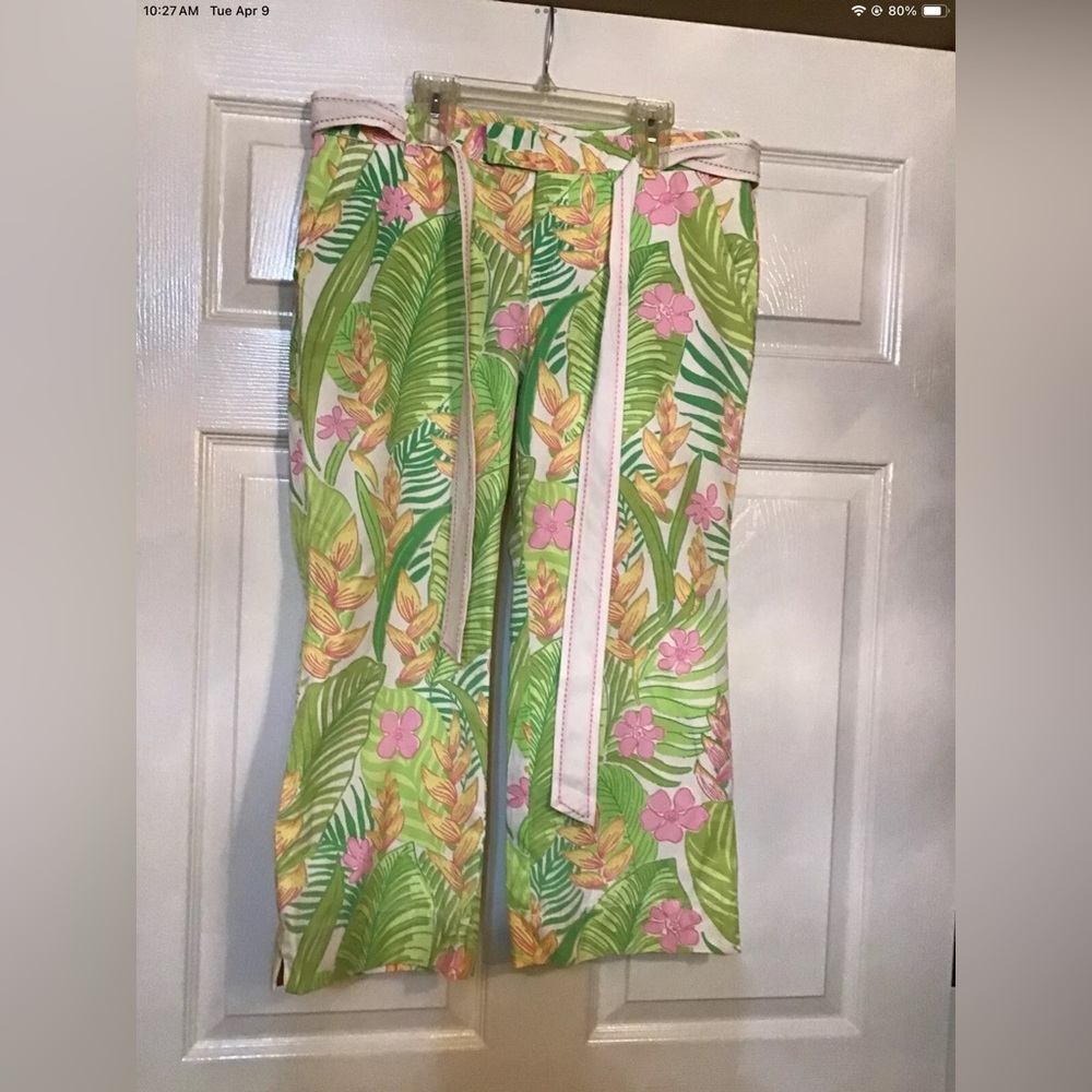 Womens Lilly Pulitzer Cro Capri Pants Size 6 Tropical Floral Belted Pink EUC